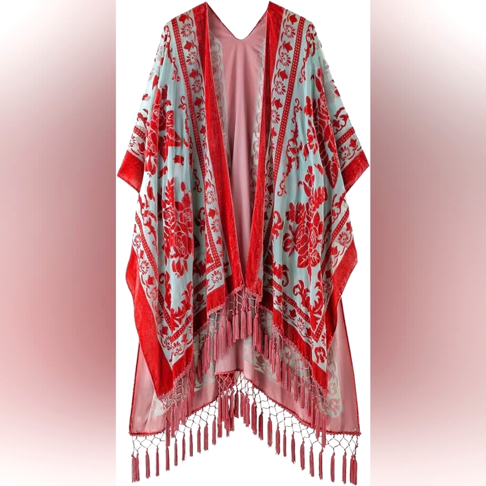 Exotic Rust & Mint Burnout Velvet Tassel Trim Kimono Poncho
